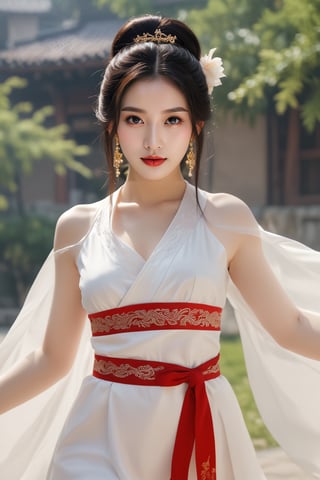 masterpiece,hubggirl,white dress,upper body,walking,looking at viewer, masterpiece,32k,extremely detailed cg unity 8k wallpaper, best quality, vibrant colors, break, china goddess, see through,1girl, long hair, black hair,dodger red see through clothes,gold dress,transparent shawl,1girl,red hanfu,earrings,best quality,masterpiece,raw photo, detailed face, beautiful symmetrical face, cute natural makeup, sadness, feminine, highly detailed, oriental minimalism, subtle elegance, hd , in the style of elegant clothing, realistic yet ethereal, simplistic designs, oriental, whimsical shapes, serene harmony beautiful symmetrical face, elegant, feminine, highly detailed, intricate,best quality, ultra-detailed, masterpiece, hires, 8k,(photorealistic),transparent,skin white and smooth,transparent shawl,high heels,