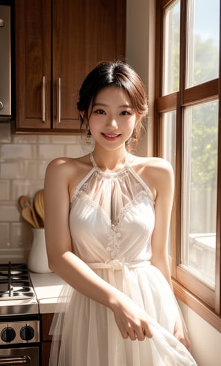 Realistic, masterpiece, best quality, solo, a young Taiwanese beauty, Asian idol, 38 years old, fair skin, wearing a majestic and proud dress with black and white tulle top, cooking in the kitchen, smiling, soft light, sunshine, window