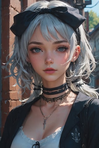 score_9, score_8_up, score_7_up,emo,scenery,masterpiece, best quality, aesthetic ,1girl, beautiful person, white hair,  upper body, choker,  black hairband, earing piercing, casual fashion