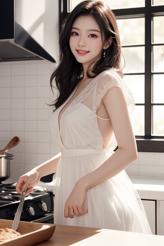 Realistic, masterpiece, best quality, solo, a young Taiwanese beauty, Asian idol, 38 years old, fair skin, wearing a majestic and proud dress with black and white tulle top, cooking in the kitchen, smiling, soft light, sunshine, window