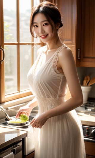 Realistic, masterpiece, best quality, solo, a young Taiwanese beauty, Asian idol, 38 years old, fair skin, wearing a majestic and proud dress with black and white tulle top, cooking in the kitchen, smiling, soft light, sunshine, window