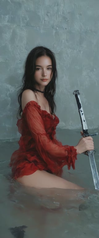 1girl, solo, long hair, breasts, looking at viewer, bangs, blue eyes, black hair, long sleeves, dress, holding, jewelry, medium breasts, sitting, weapon, earrings, barefoot, choker, sword, medium hair, water, holding weapon, lips, black choker, holding sword, red dress, hyur,ArgazXL