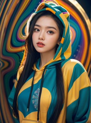 A stunning portrait of a young woman dressed in a vibrant, multicolored hoodie with swirling patterns of blue, orange, and teal. Her long, flowing hair cascades down her shoulders, complementing the intricate design of her outfit. The background mirrors the psychedelic patterns of her attire, creating a seamless, mesmerizing effect. The woman's expression is calm and confident, her gaze directed towards the viewer. The overall scene exudes a sense of bold, artistic flair and modern fashion.