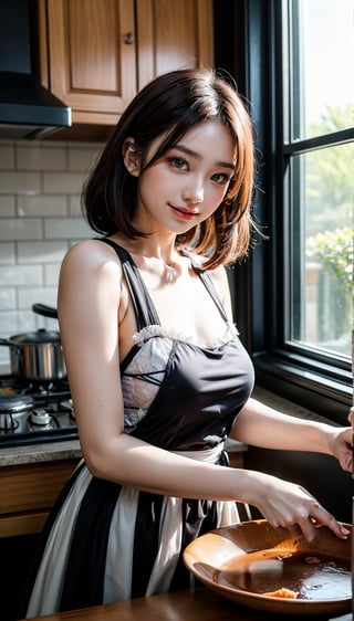 Realistic, masterpiece, best quality, solo, a young Taiwanese beauty, Asian idol, 38 years old, fair skin, wearing a majestic and proud dress with black and white tulle top, cooking in the kitchen, smiling, soft light, sunshine, window