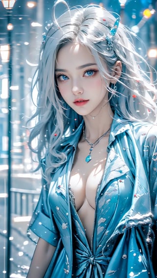 Beautiful Korean woman with white silk scarf around her neck, long blue wavy white hair, messy hair, bright blue eyes, model's beautiful chest figure pose, Japanese gorgeous jewelry hairpin, Okinawa sea view, it is raining heavily , drenched in water, splash background, rain on body, blue sky, fallen leaves, photorealistic, detailed textures, high quality, high resolution, high precision, realistic skin feel, color correction, appropriate lighting settings, harmony composition, happy smiling performance work, shallow depth of field, bokeh,Extremely Realistic,1 girl