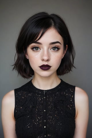 Abby, 18 years old, freckles, petite, short black hair, dark lipstick, eyeshadow, mascara, nosering, sexy