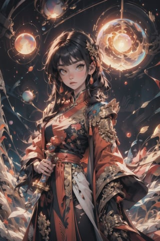 A girl wearing Chinese clothes, long fantasy-coloured hair, orange eyes holding a white sceptre with a sphere surrounding the sceptre, in a galaxy of planets,midjourney,ASU1