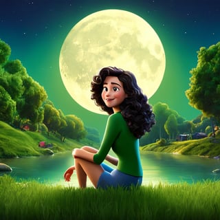 Pixar style movie poster, in 3d pixar disney style, brunette woman with black curly hair, sitting in a green field with a river under the full moon