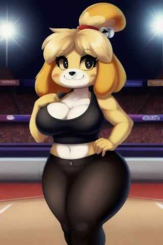 breasts, thick thighs, 1girl, furry, thighs, furry female, cleavage, tail, wide hips, black eyes, shiny clothes,:3, poke ball symbol, black shirt, bare shoulders, large breasts, full body, yellow fur, sleeveless shirt, colored sclera, collarbone, mask, sleeveless, tights, (Shortstack), bare_midriff, arena background, (Isabelle),