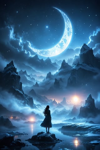 glowing, moon, fog, landscape, elegant, crystal, real physics, crescent moon, city, use more objects, mountain, new stage layout options, sky, signature, outdoors, 1girl, planet, complex composition, standing, jet, reflective water, island, extended task analysis, snow, building