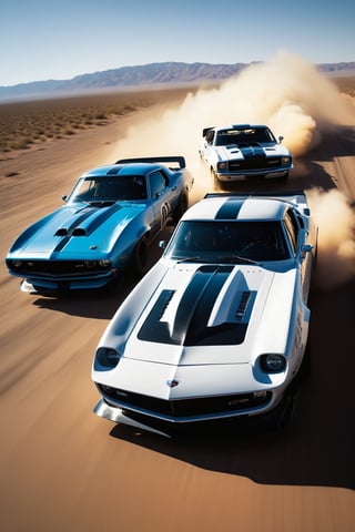 Create an ultra-detailed and realistic image of a race between 2 custom cars, created with parts from many muscle cars, with aerodynamic lines from 1972. The cars have tinted black windows. It is captured in motion with motion blur at full speed through a desert, daylight. Race between 2 cars. The photograph is captured with an Arri Alexa camera, with a zoom lens. 