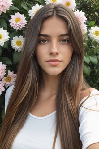 22 year old gorgeous girl with long hair, argentinian, brunette, solo, real life, detailed face, photo pleine longueur, taking a selfie in the garden with many flowers, white crop top