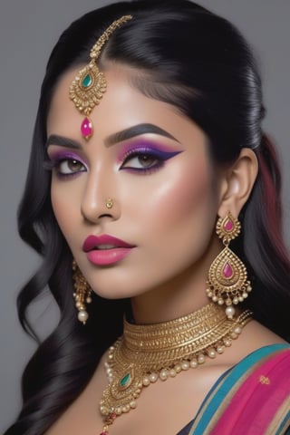 Photorealistic, Photo of Indian woman, colrful hair, huge eyelashes, huge bold eyelines, neon bold eyeshadows, high quality, colorful tattoos, huge earrings,photorealistic,Masterpiece