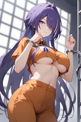 score_9,score_8,score_7_up,best quality,masterpiece,source_anime,anime,1girl,depth of field,light composition,acheron \(honkai: star rail\),slim body,slim thighs,long hair,female prisoner,purple hair, Prison uniform,tighten chest,Handcuffs,in Jail,cowboy shot,underboob,Hands hung up,