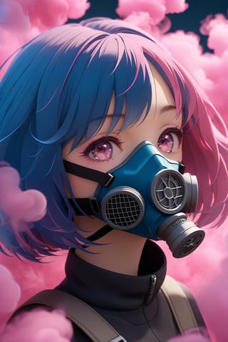 4k, octane render, A closeup portrait of a girl wearing a gasmask, (surrounded by pink and blue 3D smoke:1.4), (gasmask:1.4), (short wavy bobcut:1.4)