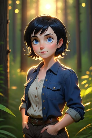 1girl, forest background, sunset, fireflies, cowboy shot, arms behind back, mature female, short hair, tomboy, black hair, blue eyes, from below, smug, smirk