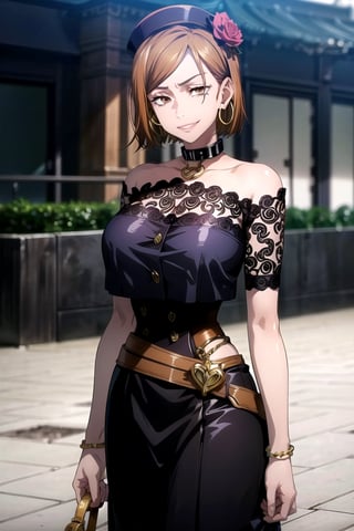 ((best quality)), ((highly detailed)), masterpiece, ((official art)), detailed face, beautiful face, (detailed eyes, deep eyes), nobara kugisaki, brown eyes, (smirk), (hoop earrings), (confident), (collar), (large breasts), ((narrow_waist)), (high-waist skirt:1.2), Stylish hat, short burgundy dress, black choker, black bracelets, black high heels, sunglasses, hand in sunglasses, celebrity, smiling, intricately detailed, hyperdetailed, blurry background, depth of field, best quality, masterpiece, intricate details, tonemapping, sharp focus, hyper detailed, trending on Artstation, 1 girl, high res, official art,nobara kugisaki