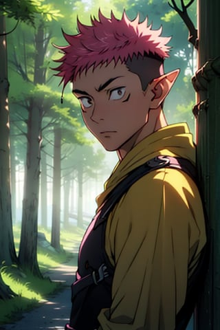 masterpiece, best quality, high quality, 1boy, solo, male focus, looking at viewer, upper body,itadori_yuuji, pink hair, undercut,itadori_yuuji,elf pointy ears, medieval fantasy elements, forest scenery