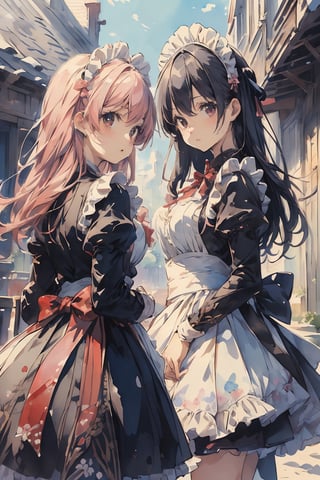 ((masterpiece)), ((high resolution)), ((best quality)), (ultra-detailed), anime, ((kawaii)), cute, (lovely), ((extremely detailed)), 4K, (8K), best quality, dynamic angle, (beautiful), 2girls, classic maid, outdoors,watercolor,