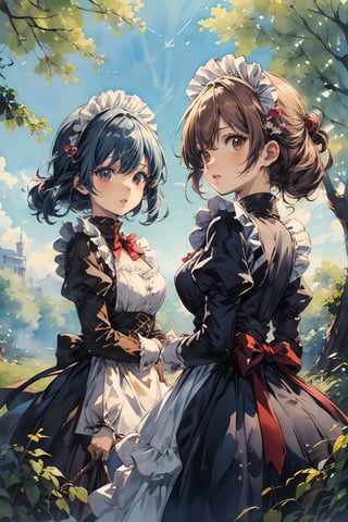 ((masterpiece)), ((high resolution)), ((best quality)), (ultra-detailed), anime, ((kawaii)), cute, (lovely), ((extremely detailed)), 4K, (8K), best quality, dynamic angle, (beautiful), 2girls, classic maid, outdoors,watercolor,