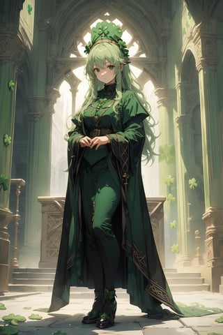 Masterpiece, beautiful details, perfect focus, uniform 8K wallpaper, high resolution, exquisite texture in every detail,full body shot,1girl,long green hair,
(St.Patrick's day:1.5),St. Patrick's Bishop's formal attire,