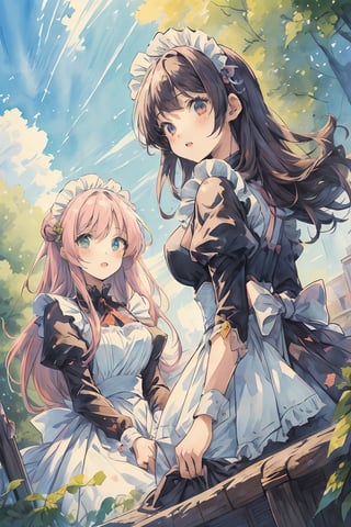 ((masterpiece)), ((high resolution)), ((best quality)), (ultra-detailed), anime, ((kawaii)), cute, (lovely), ((extremely detailed)), 4K, (8K), best quality, dynamic angle, (beautiful), 2girls, classic maid, outdoors,watercolor,