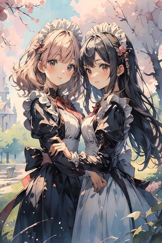 ((masterpiece)), ((high resolution)), ((best quality)), (ultra-detailed), anime, ((kawaii)), cute, (lovely), ((extremely detailed)), 4K, (8K), best quality, dynamic angle, (beautiful), 2girls, classic maid, outdoors,watercolor,