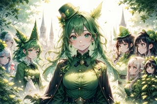 Masterpiece, beautiful details, perfect focus, uniform 8K wallpaper, high resolution, exquisite texture in every detail,full body shot,multiple (7+girls:1.5),
celebrate St.Patrick's day,St. Patrick's Day Parade,Historic Towns of Medieval Ireland,cute leprechaun costume,,(little green silk hat:1.5),(green dress:1.5),(dark green tailcoat:1.5),
1 girl,(upper body:1.5), smile,dot nose, light green hair, hair between the eyes, medium breasts, solo, photorealistic,Cute girl,