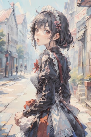 ((masterpiece)), ((high resolution)), ((best quality)), (ultra-detailed), anime, ((kawaii)), cute, (lovely), ((extremely detailed)), 4K, (8K), best quality, dynamic angle, (beautiful), 2girls, classic maid, outdoors,watercolor,