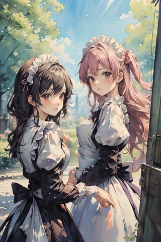 ((masterpiece)), ((high resolution)), ((best quality)), (ultra-detailed), anime, ((kawaii)), cute, (lovely), ((extremely detailed)), 4K, (8K), best quality, dynamic angle, (beautiful), 2girls, classic maid, outdoors,watercolor,