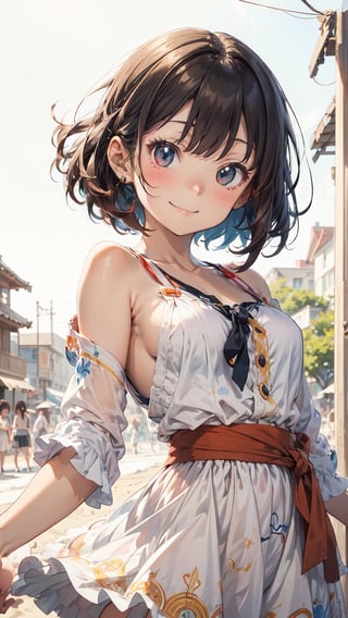 masterpiece, 8k, 16k, highres, top quality, best quality, beautiful and aesthetic,
(from front:1.5)
watercolor,(soft focus:2.0), looking at viewer,
BREAK,(daydream:1.2),best lighting,  bokeh,  lens flare, cowboy shot,
//Character
1girl,cute,kawaii,smile,teenager,smiling,randomly hairstyle,pose, (medium breasts:1.2),
BREAK
(anime style:1.5),
//Fashions 
Boho Ikat Maxi Dress
Envision a flowing maxi dress featuring a vibrant (Ikat pattern:1.2) with bold colors like deep blues, fiery oranges, and rich yellows, The dress has a plunging V-neckline, with a delicate tie at the waist to create a flattering silhouette, 
BREAK 
The sleeves are long and billowy, gathered at the wrists with a small button cuff, The skirt cascades down in layers, each tier showcasing a different variation of the Ikat pattern, creating a mesmerizing effect as the wearer moves, The dress would be perfect for a summer festival or a beachside dinner, embodying a relaxed yet stylish vibe,
BREAK 
ASU1,Color Booster