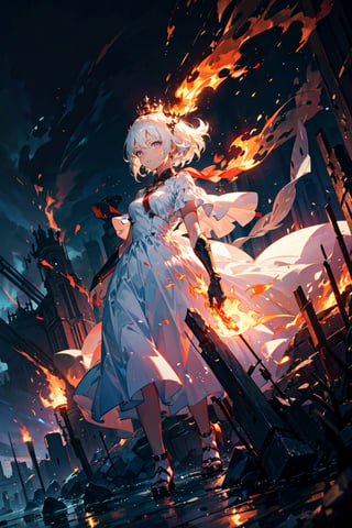 1girl, war, serious face, princess, (flame, magic), dynamic light, queen crown, landscape, white hair, red eyes, white dress