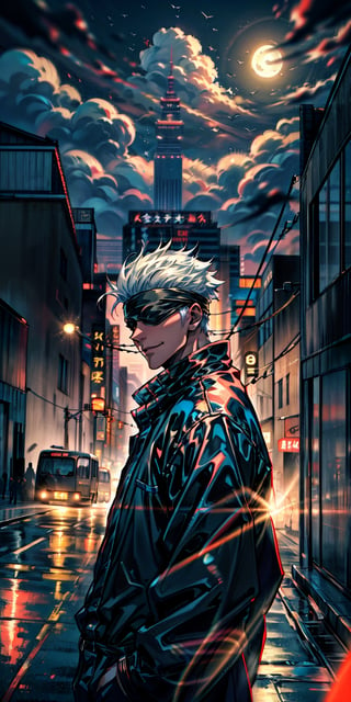 1boy,japanese, handsome, 28 years old, satoru gojo, blindfold, black outfit, white hair, battle pose, smirk, city night with full moon background, wallpaper, cinematic,High resolution 8K, Bright light illumination, lens flare, sharpness, masterpiece, top-quality, The ultra -The high-definition, high resolution, extremely details CG, Anime style, Film Portrait Photography,masterpice,hyperdetail,Cursed energy,