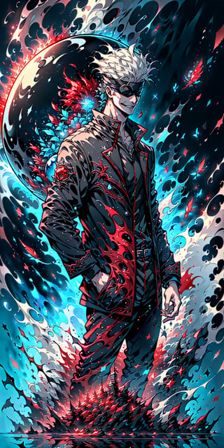 1boy, satoru gojo, blindfold, black outfit, white hair, standing, floating red energy sphere on right hand, floating blue energy sphere on left hand, smirk, red and blue energy background, wallpaper, cinematic,fantasy00d,1 girl