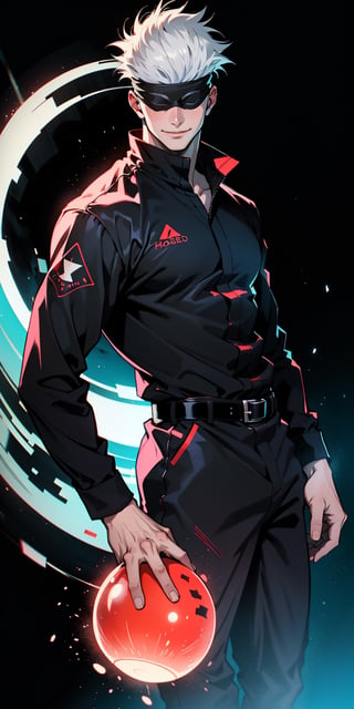 1boy, satoru gojo, blindfold, black outfit, white hair, standing, cowboy_shot, floating red energy sphere on right hand, floating blue energy sphere on left hand, smirk, black background, wallpaper, cinematic