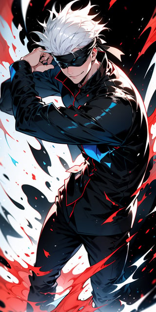 1boy, satoru gojo, blindfold, black outfit, white hair, battle_stance, smirk, red and blue energy background, wallpaper, cinematic,