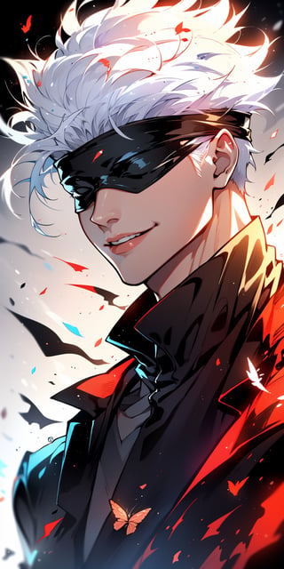 1boy, satoru gojo, blindfold, black outfit, white hair, battle_stance, smirk, red and blue energy background, wallpaper, cinematic,Detailedface