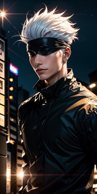 1boy, japanese, satoru gojo, blindfold, black outfit, white hair, battle pose, smirk, city night with full moon background, wallpaper, cinematic,High resolution 8K, Bright light illumination, lens flare, sharpness, masterpiece, top-quality, The ultra -The high-definition, high resolution, extremely details CG, Anime style, Film Portrait Photography,masterpice,hyperdetail,Cursed energy, body shot,Detailedface,photorealistic,Masterpiece,Extremely Realistic,