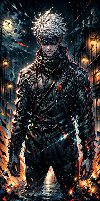 1boy,japanese, handsome, 28 years old, satoru gojo, blindfold, black outfit, white hair, battle pose, smirk, city night with full moon background, wallpaper, cinematic,High resolution 8K, Bright light illumination, lens flare, sharpness, masterpiece, top-quality, The ultra -The high-definition, high resolution, extremely details CG, Anime style, Film Portrait Photography,masterpice,hyperdetail,Cursed energy,horror