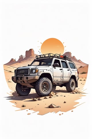 Centered image,  bits of color,  hand drawn,  realistic sketch,  Rough sketch,  bold lines,  splash art,  Artwork of T-shirt design,  white background,  offroad vehicle,  desert,  sunrise,  flat illustration,  high contrast,  vibrant vector,  vector image,  8k,,,logo