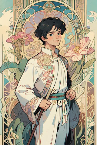 (masterpiece, best quality, highly detailed, ultra-detailed, intricate), illustration, pastel colors, art_nouveau, Art Nouveau by Alphonse Mucha, tarot, A young man, carrying a small bag and a cane in his hand, is smiling, full of innocence, innocence and no fear. The Fool card represents a new beginning, new adventures and challenges, and a spirit of faith, courage, and optimism