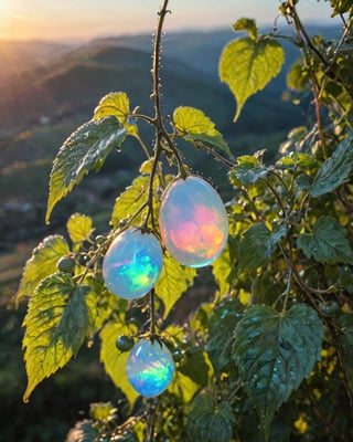 a delicate cluster of (cherry-tomatoe) (hanging from stem) (made of opal: 1.59), (divine iridescent glowing: 1.39), (opalescent textures: 1.39), growing in the early morning light, (wet: 0.49). in the background beautiful valleys, , volumetric light, ethereal, sparkling, studio photo, highly detailed, sharp focus (nightshade-leaves: 1.59)