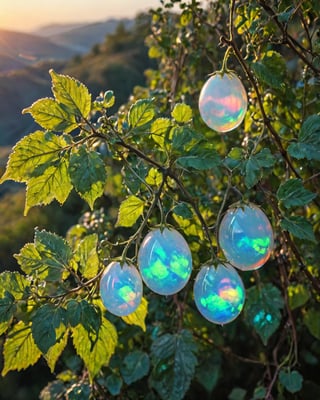 a delicate cluster of (cherry-tomatoe) (hanging from stem) (made of opal: 1.59), (divine iridescent glowing: 1.39), (opalescent textures: 1.39), growing in the early morning light, (wet: 0.49). in the background beautiful valleys, , volumetric light, ethereal, sparkling, studio photo, highly detailed, sharp focus (nightshade-leaves: 1.59)