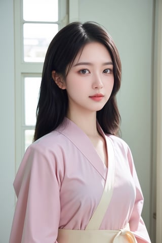 A 20-year-old Korean young lady in a traditional, elegant Hanbok, showcasing a more natural and realistic appearance. The Hanbok is in tasteful pastel colors, enhancing her subtle beauty. This image aims to capture a high level of realism, akin to a photograph taken with a Hasselblad camera. It includes fine details such as distinct pores on her forehead and cheeks, a small scar on her chin from a childhood accident, and a slightly asymmetrical mouth and eyes. The overall look should be a harmonious blend of cultural elegance and realistic, individual characteristics."