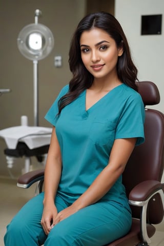 Best quality, more saturation, girl focus, ((full body)), natural skin, natural pose, natural lips

extremely gorgeous, (Full Body picture), sexy, extremely beautiful, very stunning, very pretty, very attractive,  feminine, perfect face

Indian dentist sitting on her chair, patient's POV, wearing scrubs, 30 years old, deep cut top, scrub pants, short sleeves, top and bottom matching