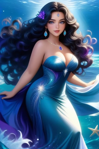 Full figured woman. older woman. long black wavy hair. purple eyes. violet eyes. colored eyes.  beautiful dress. gown. jewelry. jewels. dress decorated in ocean themes and jewels. regal. goddess. beautiful. glowing. pretty hands. pretty face. preistess. 