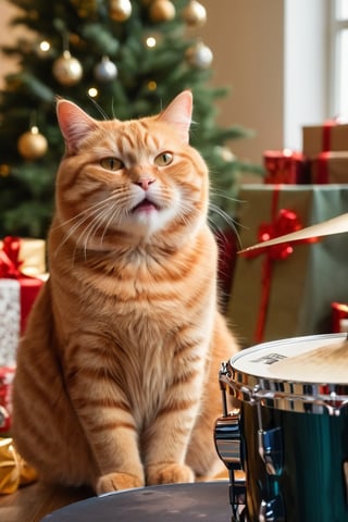 highest quality,a fat orange cat play drums in front of christmas gifts, shallow depth of field, cinematic