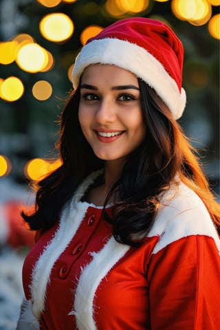 a beautiful Indian girl, 30 years old, wearing a Santa Claus costume, smiling cheerfully, playing in the snow, Christmas tree background, high quality, 4k, raw photo, realistic, sharp