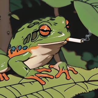 dcas_lora, mouth hold, cigarette, smoking, close up, 1frog, on tree leaf, forest,holding cigarette