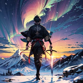 A minimalist design with a vintage touch, featuring a cool, beautiful and stylish anime a male with samurai looking clothes silhouette in faded, sword made by ice , full body, camera from the back, awesome and bright colors. , bonde hair, dynamic pose, handsome cute and skins man with long leg, wearing trandition dress, A giant snow Mt.Everest mountain with a cave in tibet, a beautiful sunset sky with crazy auroras, vivid colors, ultra-detailed, best quality, absurdres, masterpiece